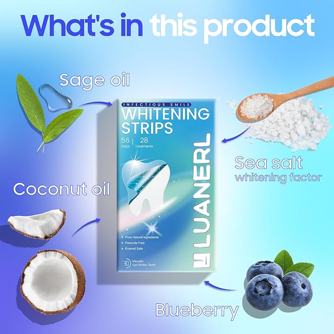 luanerl Teeth Whitening Strips 56 Strips - 28 Treatments,Peroxide & Sensitivity Free,Enamel Safe with Soothing Natural Ingredients for Deep Stains Removal