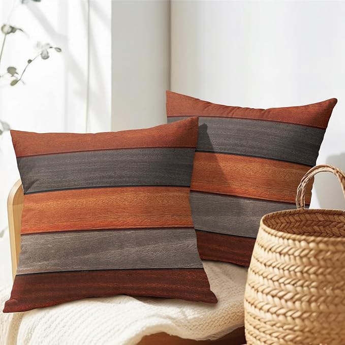 Kawani Wood Grain Throw Pillow Covers 18x18 Inch, Orange Brown Wooden Board Square Pillowcase Set of 2, Farmhouse Cotton Linen Cushion Covers for Couch Sofa Bed Bedroom Car Living Room