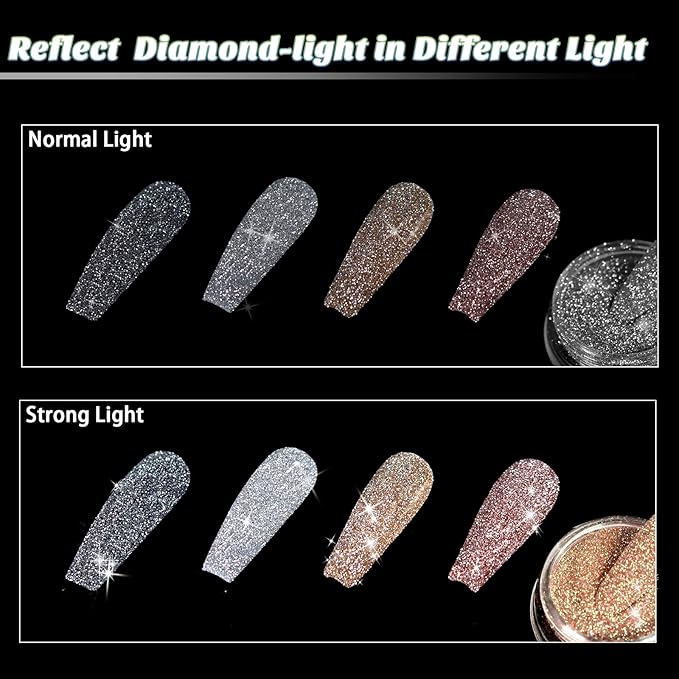 Allstarry Diamond Nail Glitter 4 Colors Sparkling Korea Reflective Diamond Glitter Dust Shiny Powder Pigment Nail Supplies for Nail Art Gel Polish Disco Party Nightclub Wedding Crafts