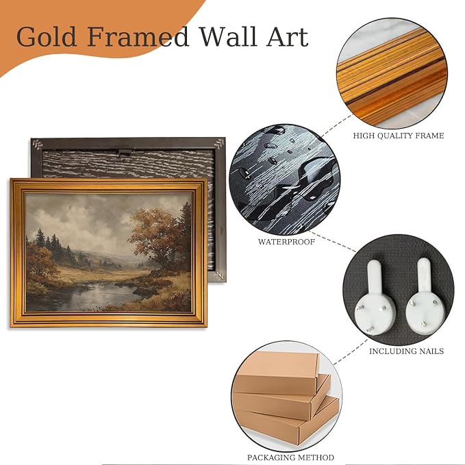 Vintage Gold Framed Wall Art Fall Forest Lake Landscape Painting Wall Decor | Autumn Scenery Pictures Canvas Art Farmhouse Cottagecore Small Framed Prints Artwork for Bookshelf Hallway Gallery Wall