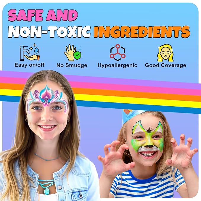 Professional Face Painting Kit for Kids Adults, Rainbow Split Cake Face Paint Makeup Palette 12 x 10gm+ 4 Colors Pro Pressed Glitter Eyeshadow Palette, with Brushes Sponges Stencils Gems