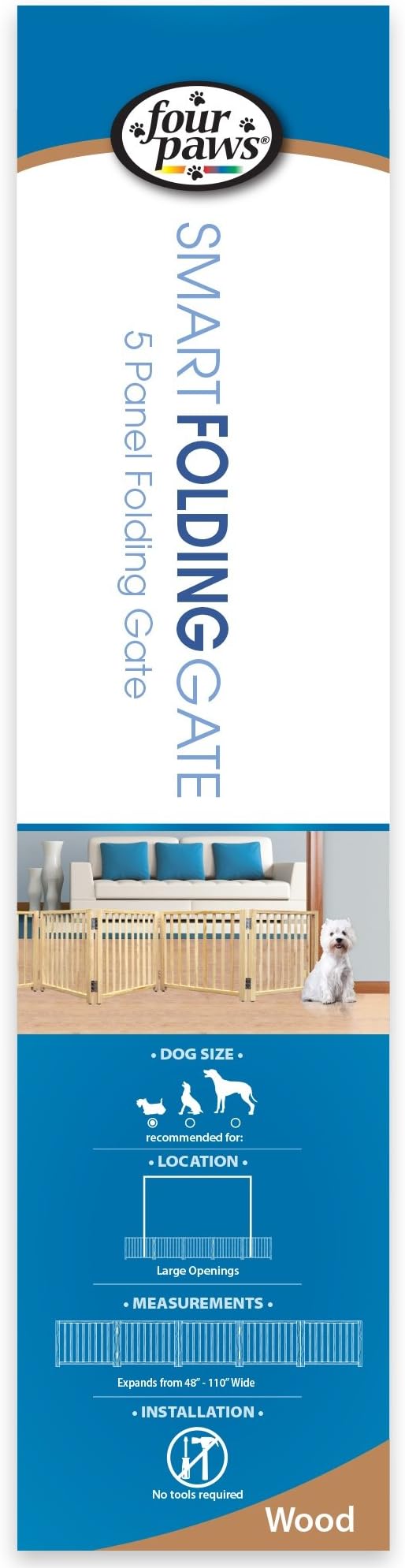 Four Paws Smart Folding Free Standing 5-Panel Wood Dog Gate, 48"-110" W by 17" H