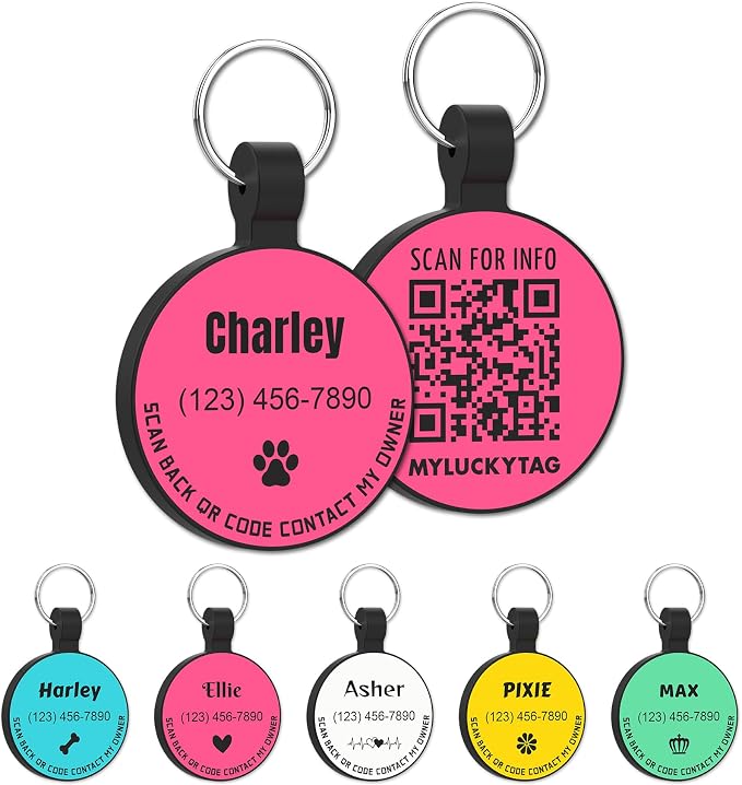 MYLUCKYTAG Silent Silicone QR Code Pet ID | Personalized Dog & Cat Collar Tag | Online Profile with Scanned Location Alert Email