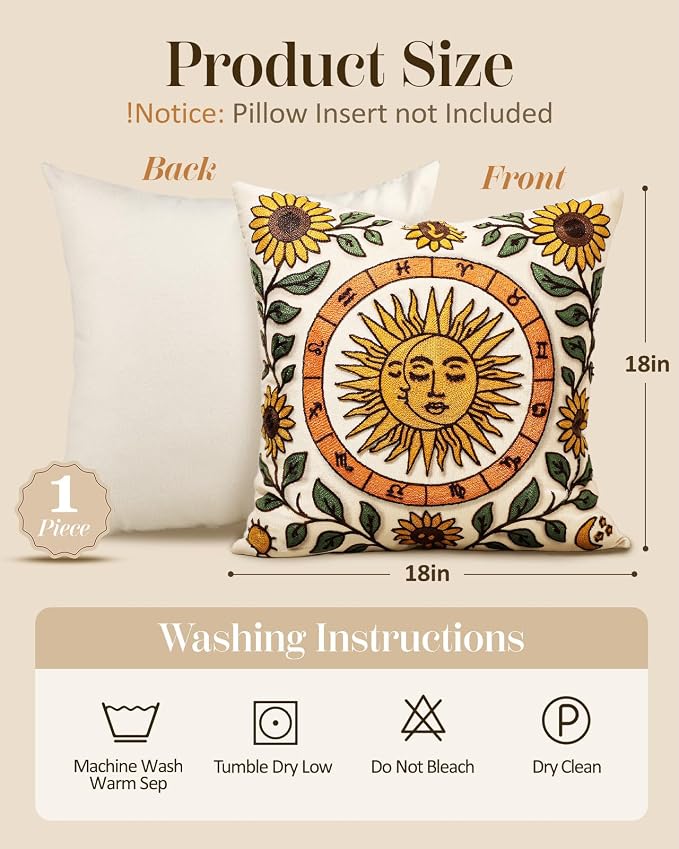 Embroidered Throw Pillow Cover 18x18 Inch, Sunflower Moon | Decorative Pillow Cover, Farmhouse Boho Cushion Case with Hidden Zipper, Autumn Decor for Couch, Sofa, Living Room, Bedroom