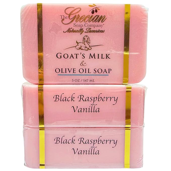 The Grecian Soap Company Goat Milk & Olive Oil Soap Bar 3-Pack – Black Raspberry Vanilla Scent, Natural Bar Soap for Dry & Sensitive Skin, Moisturizing & Nourishing Body Soap Bars, Made in USA
