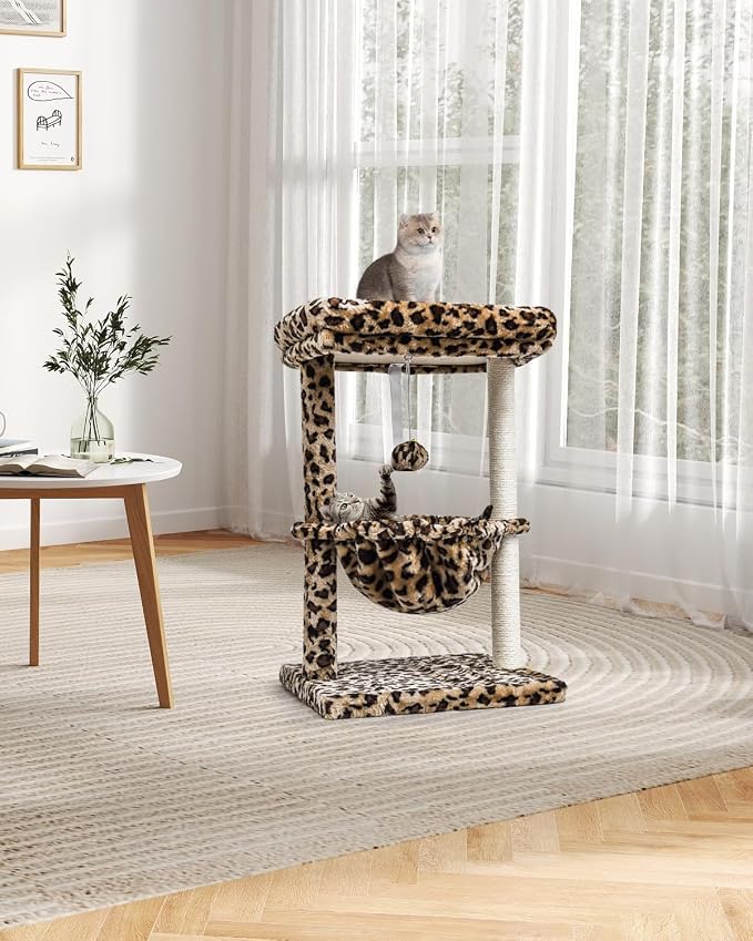 SYANDLVY Small Cat Tree for Indoor Cats, Cheetah Leopard Print Cat Tower | for Kitties, Unique Condo Furniture with Hammock & Sisal Scratching Posts