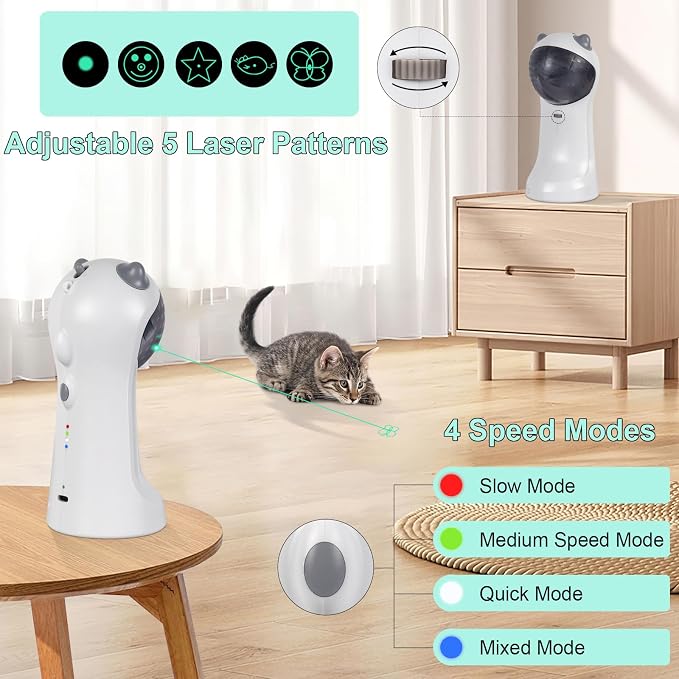 TBTeek Automatic Cat Toy Green Light, 5 Fun Patterns, 4 Speed Modes | Motion-Activated, Rechargeable, Adjustable Light Angles, Random Trajectory