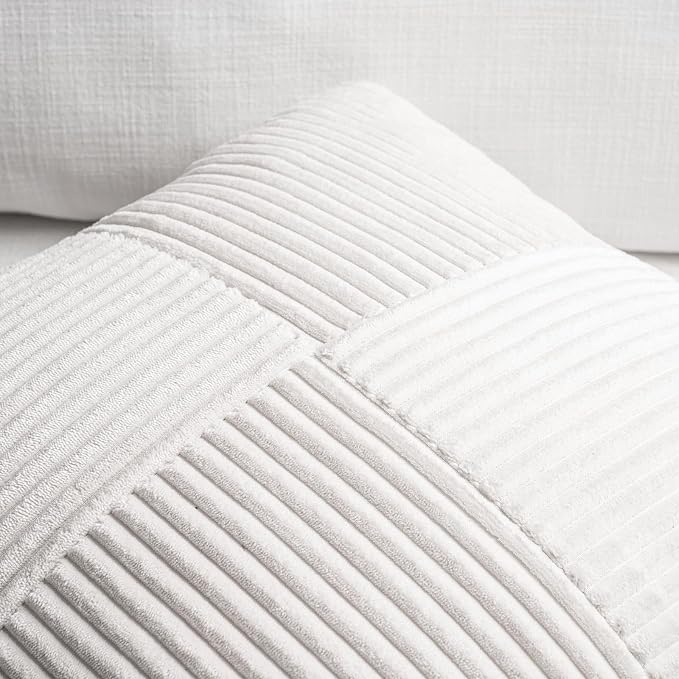 Fancy Homi Set of 1 White Boho Long Lumbar Body Decorative Throw Pillow Cover 21x54 Inch for Bed Couch Bedroom Bench, Soft Patchwork Corduroy Textured Pillow Case, Rustic Farmhouse Room Decor