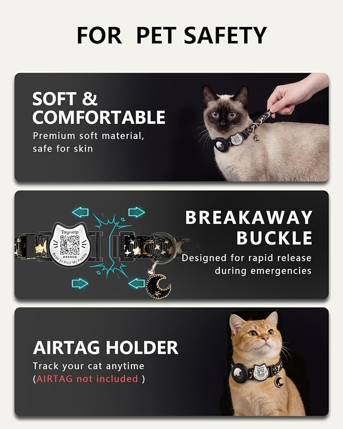 Smart QR Code Cat Collar with Built-in AirTag Holder, Breakaway Adjustable Kitten Collar with Stars and Moon & Glow Pendant, Safety Pet ID Collar for Cats(Red)