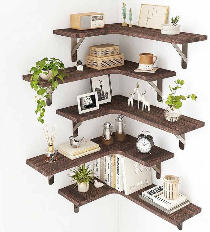 Fixwal Conner Shelves Wall Mounted for Decor, Walnut Brown Set of 5 | Solid wood shelf with metal brackets, holds 40 lbs. Optimizes corner storage. Fits bathroom, kitchen, bedroom & living room.