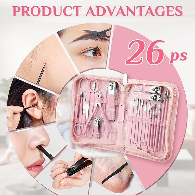 MINKINH Manicure Set Professional Nail Clipper Kit-26 Pieces Stainless Steel Manicure Kit,Nail Care Tools with Luxurious Travel Case Nail Grooming Kit Present for Wife, Girlfriend(Pink)