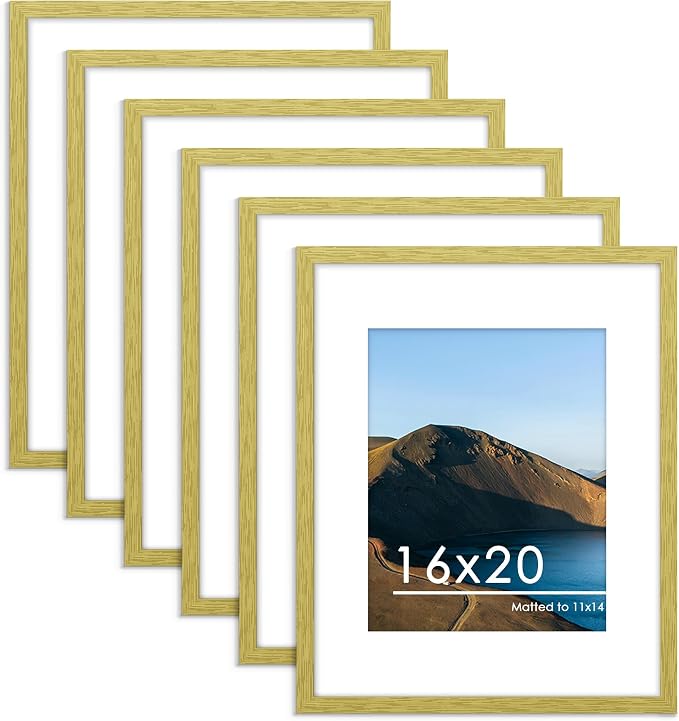 16x20 Picture Frame Set of 6, Wall Mount Display, Gold | Display Pictures 11x14 with Mat or 16x20 Without Mat, Horizontal or Vertical, Gallery Wall Frame Set, Wedding Birthday Gifts