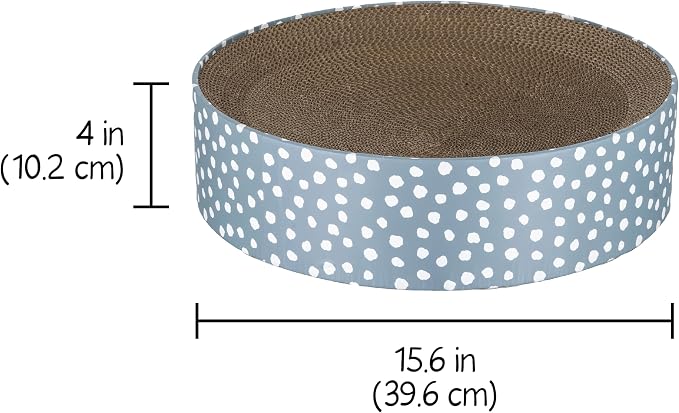 Kitty City Blue Dot Corrugate Scratcher Bed - Round Lounger Scratch Pad with Corrugated Cardboard, Horizontal Nail File Surface, Indoor Kitty Furniture, Cat Enrichment, Sleep, & Play, 15.5” x 15.5”