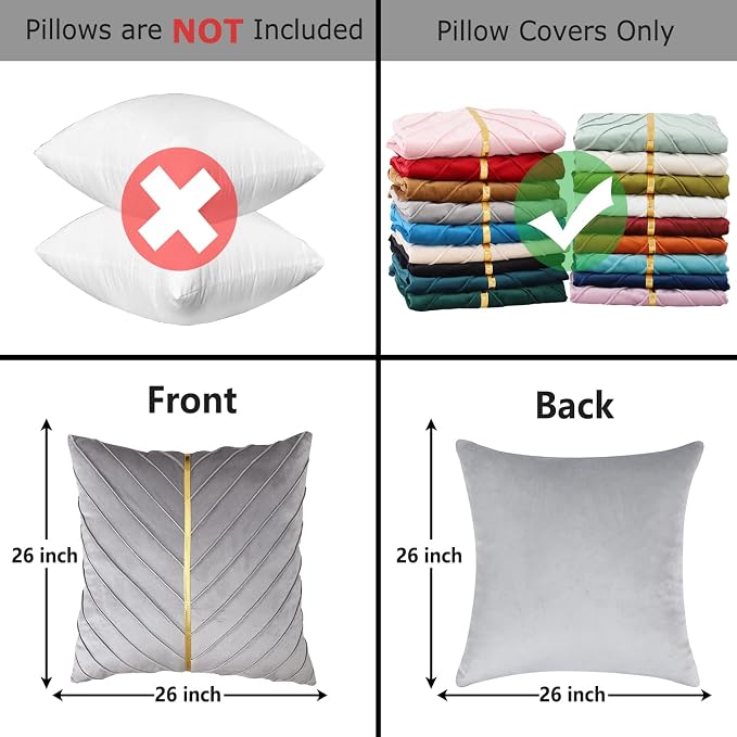 Velvet Throw Pillow Covers 26x26 inch Pack of 2 Gold Decor Gray | Soft Solid Pillow Covers,Modern Luxury Home Decor,for Couch Chair Sofa Bedroom Livingroom,Hidden Zipper,Ideal Gift,Easy Care