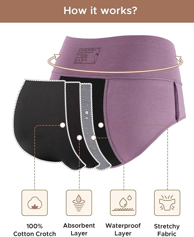 INNERSY Period Underwear for Women Leakproof High Waisted Menstrual Cotton Panties 3 Pack