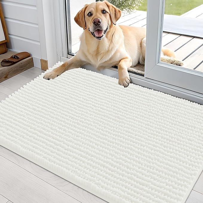 OLANLY Dog Door Mat for Muddy Paws 36x24, Extra Absorbent Chenille Mud Mat | Ivory, Absorbs Moisture and Dirt, Non-Slip Machine Washable Doormat, Quick-Drying Indoor Entryway Floor Mat for Dogs