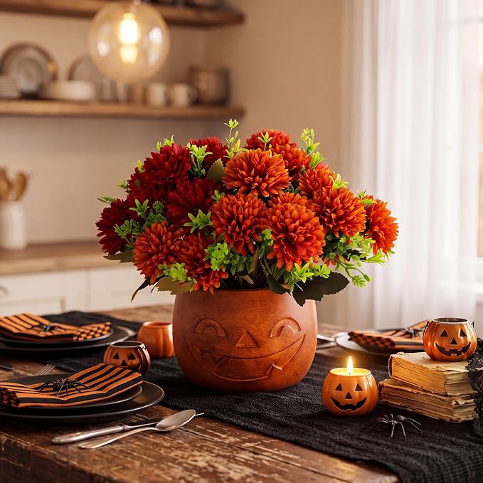 SiliFine Halloween Pumpkin Bucket with Artificial Flowers Halloween Vase | 6 Inch, Pumpkin Vase Planter Pot, Halloween Floral Centerpiece, Halloween Candy Holder, Desktop, Indoor Outdoor Holiday Decor
