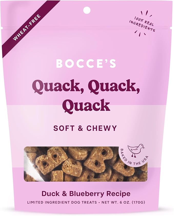 Bocce's Bakery Quack Quack Quack Soft & Chewy Dog Treats (Duck & Blueberry) | Oven Baked, Wheat-Free Everyday Dog Treat Cookies - Made with Real, Limited Ingredients and Baked in The USA (6 oz)