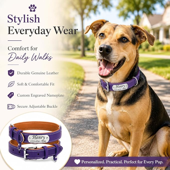 Personalized Leather Dog Collar with AirTag Holder Case, Custom Engraved Nameplate Dog Collar, Adjustable Genuine Leather Soft Padded Dog ID Collar for X-Small Small Dogs-Dark Purple-XS