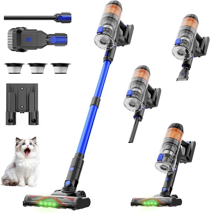 Cordless Vacuum Cleaner, 500W 40KPa 60Mins Vacuum Cleaners for Home, Anti-Tangle Rechargeable Vacuum with Green Light Wireless Vacumm for Pet Hair/Carpet/Hardwood Floor Blue