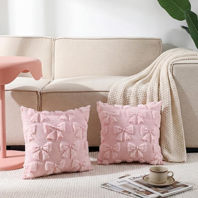 Mixweer Pink Bow Pillow Covers Set of 2 Preppy Room Decor Coquette Cute Spring Summer Decorative Faux Fur Soft Bowknot Stuff Fluffy Plush Aesthetic Pillowcase for Bed Sofa Couch (16 x 16 Inch)