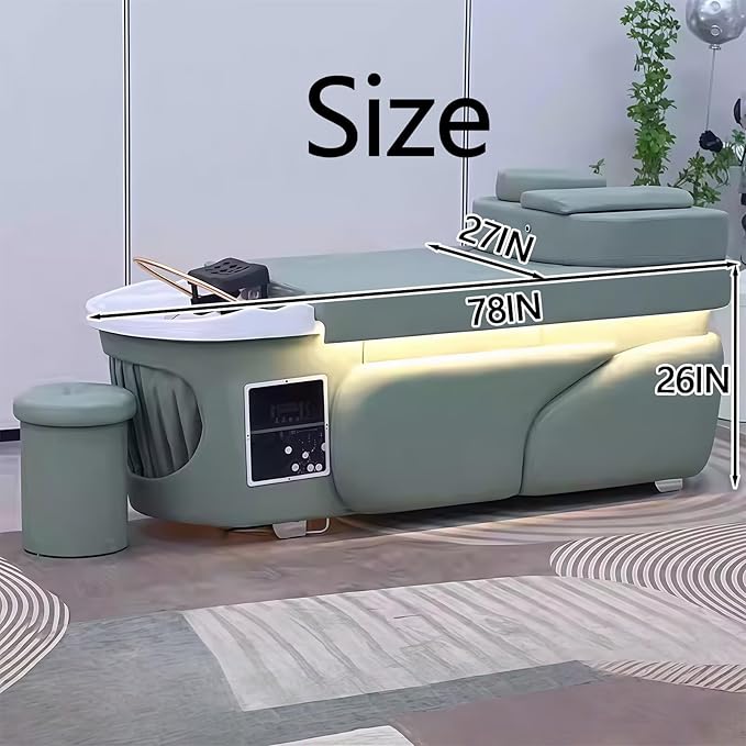 Head SPA Bed - Shampoo Bed with Sage Green Curved Sleek Style, Head SPA Equipment & Massage Table Includes Water Circulation, Ambient Light, with Stool