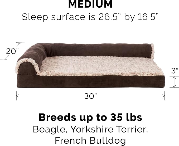 Furhaven Memory Foam Dog Bed for Medium/Small Dogs w/ Removable Bolsters & Washable Cover, For Dogs Up to 35 lbs - Two-Tone Plush Faux Fur & Suede L Shaped Chaise - Espresso, Medium