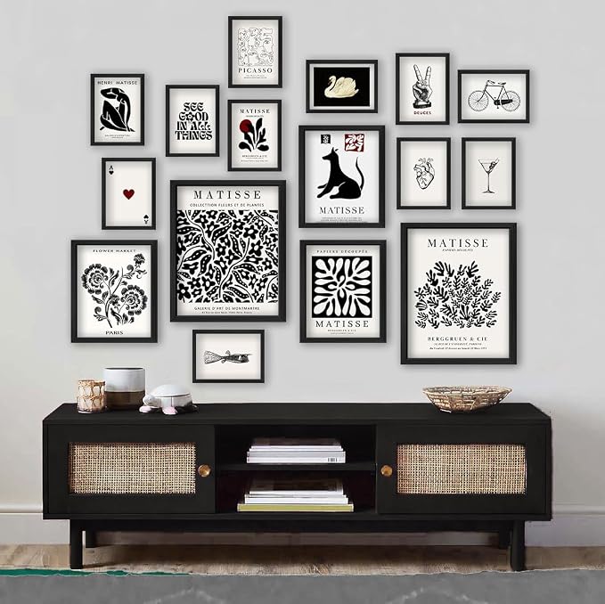 16 PCS Framed Black and White Wall Art Decor, Matisse Abstract Wall Prints for Bedroom, Gallery Wall Frame Set, Minimalist Posters for Living Room Aesthetic, Collage Kit, Dorm Home Artwork