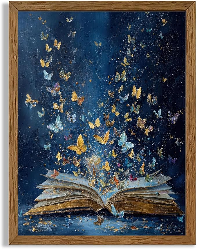JLTULT Book Wall Art with Butterflies, Solid Wood-Framed Canvas, 12x16 in | Blue open-book art with butterflies on fade-resistant canvas and a ready-to-hang solid wood frame for bedrooms and studies