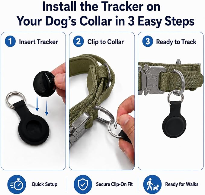 Pet GPS Tracker for Dogs, Compatible with Apple Find My(iOS Only), No Monthly Fee, IP67 Waterproof Anti-Lost Locator, 12-Month Battery, Includes Silicone Collar Holder & Tactical Dog Collar