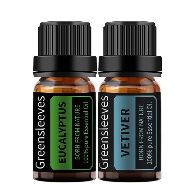 GREENSLEEVES Vetiver Eucalyptus Essential Oil Set, 2 x 10ml Pure Plant-Based Fragrance Oil for Aromatherapy, Essential Oils for Diffuser, Massage, Bath Bomb, Scented Candle Soap Making