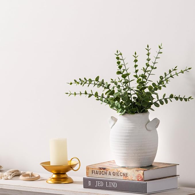 Vanselia Ceramic Flower Vase Home Decor - Farmhouse Table Vases with Handle Living Room Decoration Vintage Decorative Aesthetic for Shelf Coffee Dining Desk House Bookshelf Fireplace (6" Rustic)