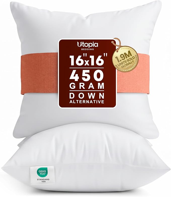 Utopia Bedding 16x16 Pillow Inserts, White Throw Pillows for Couch, 2 Pack | Indoor cushion inserts for bed, sofa & couch, Supportive & fluffy decorative pillows for everyday comfort, Set of 2, White