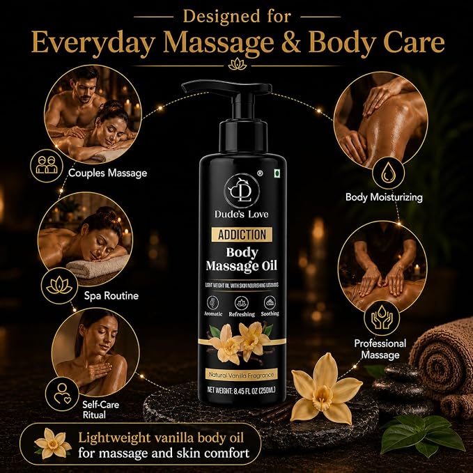 Organic - Vanilla Full Body Massage Oil - No Stain & Non-Sticky | with Fractionated Coconut Oil, Vanilla & Jasmin Oil | for Massage Therapy - 8.45 Fl Oz