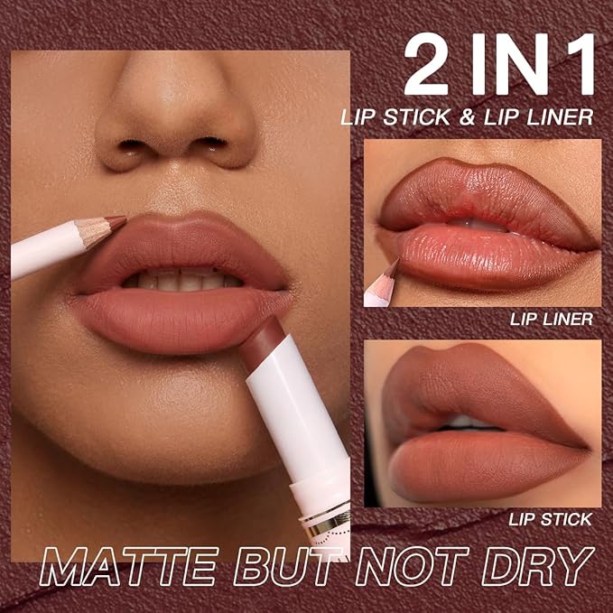 USHAS Lipstick and Lip Liner Combo Set 2 in 1 Waterproof Lipstick for Women Lip liner Set Long Lasting Lipstick, Matte Lipstick Pen with Lip Liner Set Makeup Kits (S16, Pack of 1)