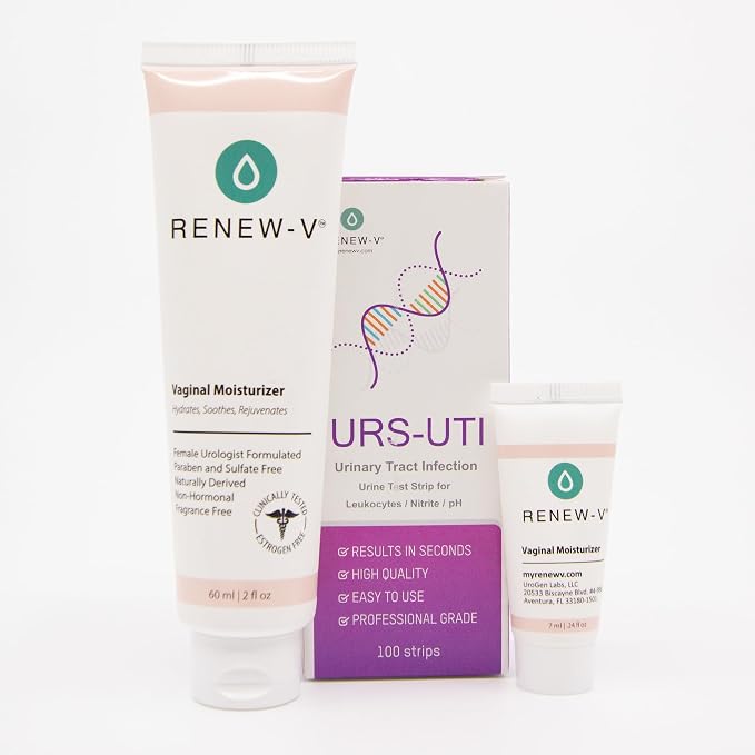 RenewV Women’s Intimate Care Bundle – UTI Test Strips 100ct & Vaginal Moisturizer 2oz with Sample – At-Home Urinary & Feminine Care Kit
