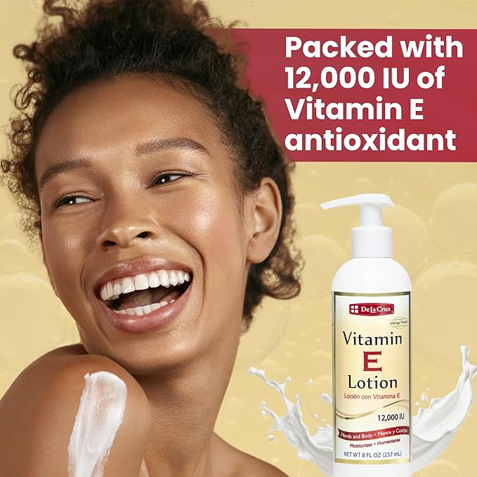 De La Cruz Vitamin E Lotion for Dry Skin 12,000 IU with Avocado Oil, Almond Oil & Aloe Vera.vitamin e moisturizer, Moisturizing body lotion and face lotion for All Skin Types 8 FL OZ Made in USA