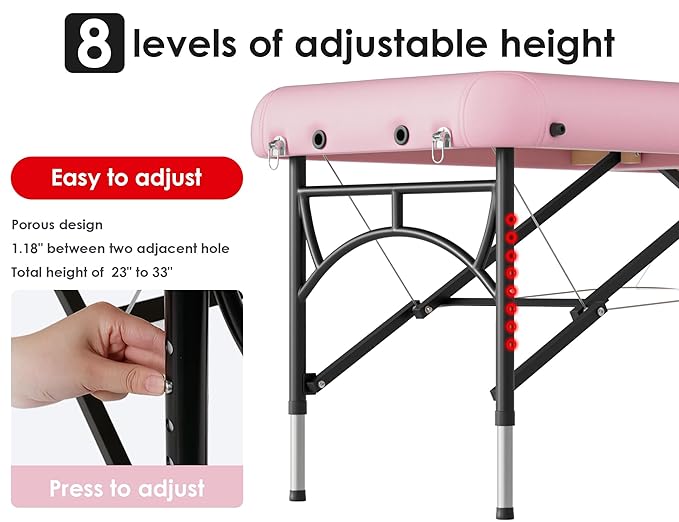 CLORIS 84" Professional Massage Table Portable 2 Folding Lightweight Facial Salon Spa Tattoo Bed Height Adjustable with Carrying Bag & Aluminium Leg Hold Up to 1100LBS Pink