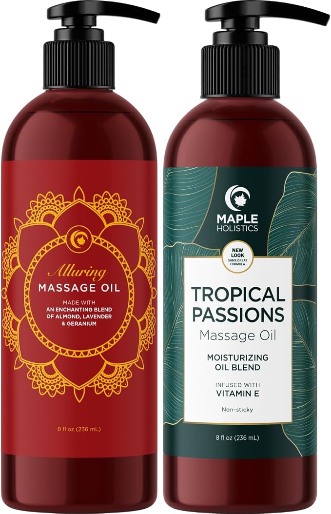 Alluring Lavender & Tropical Passions Massage Oil Set - Aromatherapy Full Body Massage Oil for Couples Bundle with Naturally Scented Vegan Non GMO & Gluten Free Ingredients (8 Fl Oz Each)