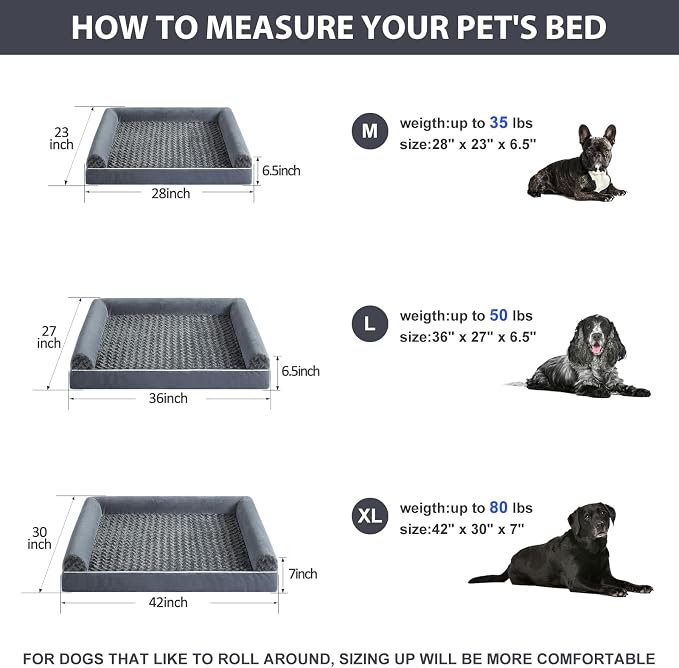 BFPETHOME Orthopedic Washable XLarge Dog Bed for Senior Dog Cozy Sleep | Extra Large Waterproof Big Soft Pet Couch Bed for Dogs Relax with Removable Cover Supportive Foam Dark Grey 42x30 Inch