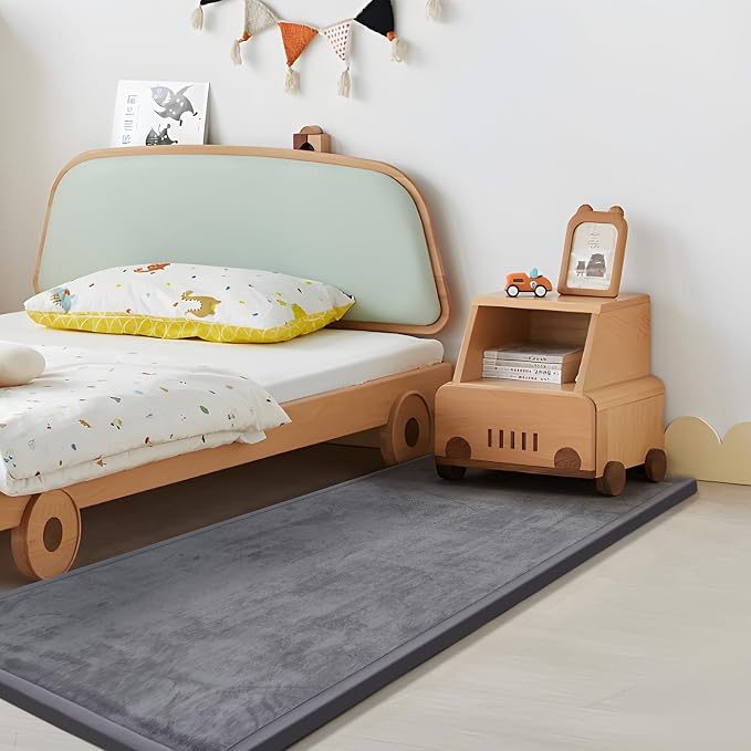 Huloo Sleep Play Mat for Babies Toddlers,1.3" Thick Elasti-Foam Anti-Fall Cushion Mat for Kids Room,28×72 Bedroom Bedside Rugs,Water-Repellent Soft Coral Velvet,Non-Slip(Dark Grey)