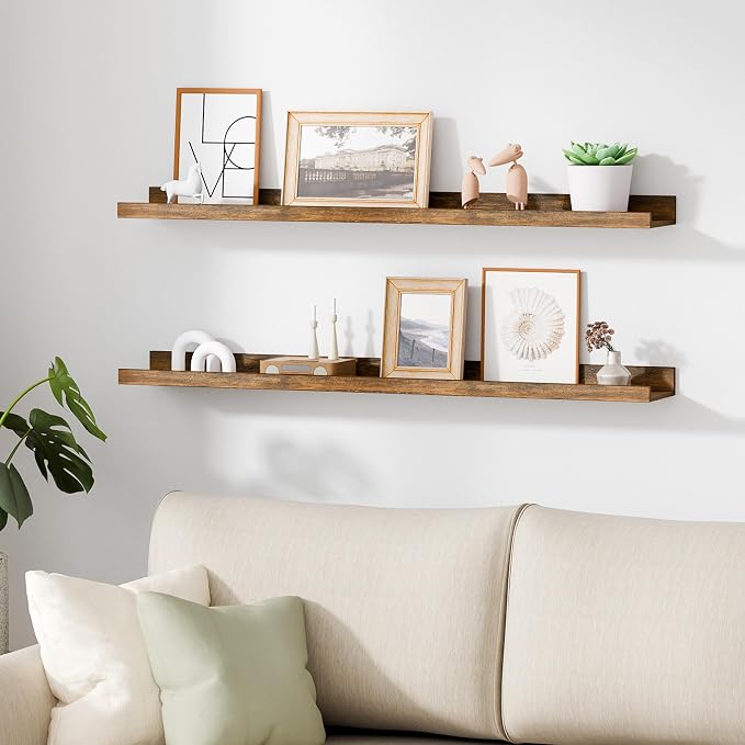 upsimples Floating Shelves for Wall Decor and Storage, Brown, 6Pcs 35.5'' | Wall Mounted Wood Shelves for Living Room, Bedroom, Kitchen, Office, Nursery Room, Coffee Bar Display and Organize
