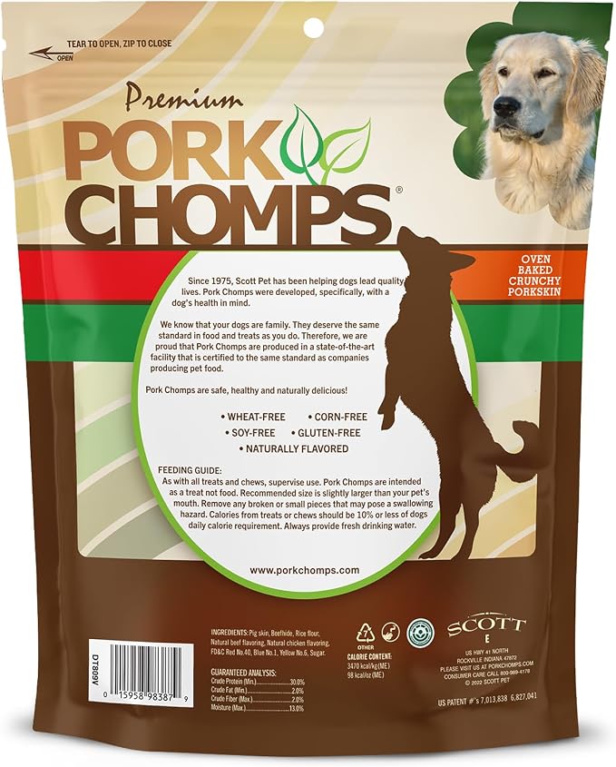 Pork Chomps Dog Chews, 5 in Munchy Sticks, Assorted Flavors, 50 Count | Oven-baked from real pork skin - a rawhide-free chew that's low in fat, high in protein, and easy to digest