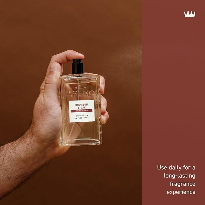 Cremo Cologne For Men - Bourbon & Oak Mens Cologne Spray, A Sophisticated Blend of Distiller’s Spice, Fine Bourbon and White Oak, Multi-Layered Signature Men's Fragrances, 3.4 Fl Oz