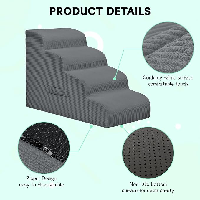 Mesa Lemon 3 Step Dog Stairs Pet Ramp for High Beds, Sofas and Cars | High Density Foam, Non-Slip Bottom, Removable Washable Cover, Portable Handle, Holds Up to 50 lbs, 16 Inch Height