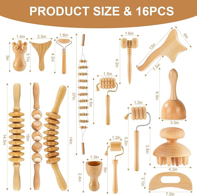 16Pcs Wood Therapy Massage Tools Set, Maderoterapia Massage Kit with Wooden Gua Sha Tools, Body Sculpting & Lymphatic Drainage Massager, Muscle Relaxation Roller for Face, Back, Legs & Full Body
