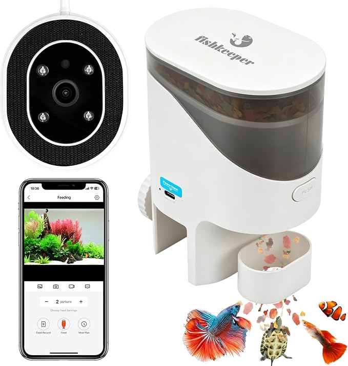 fishkeeper Automatic Fish Feeder for Aquarium Flakes, WiFi (2.4G/5.0G) | APP Control Auto Fish Food Dispenser/Betta Fish Feeder with HD 2.5K Camera and Timer, Aquarium Feeder for Turtle Koi Tanks