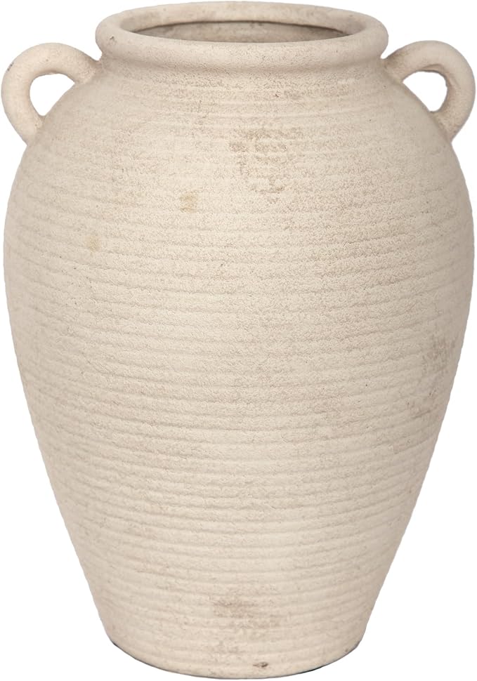 8.7" Beige Ceramic Vase with Handles for Home Decor | Textured ceramic vase with handles; vintage ceramic vase styling; a watertight small decorative vase for flowers and tables