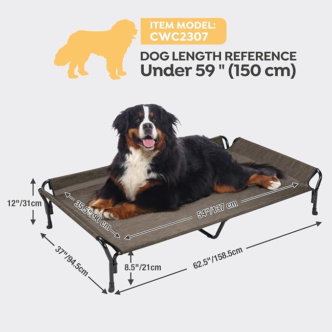Veehoo Cooling Elevated Dog Bed, Raised Dog Cot with Guardrail & Headrest | Washable Dog Couch Bed for Indoor & Outdoor, Durable Breathable Teslin Mesh, Non-Slip Feet, XX Large, 63" x 37", Brown