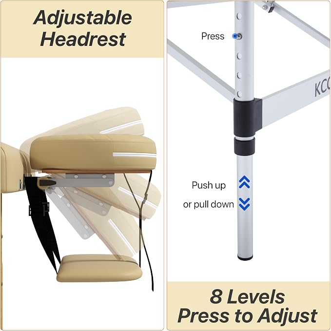 KCC Memory Foam Portable Massage Table, Foldable Tattoo Table Lash Bed Height Adjustable，28 Inchs Wide Home Salon Spa Bed Accessories &Carrying Case，Easy Set Up,Lightweight Aluminium Leg,Beige